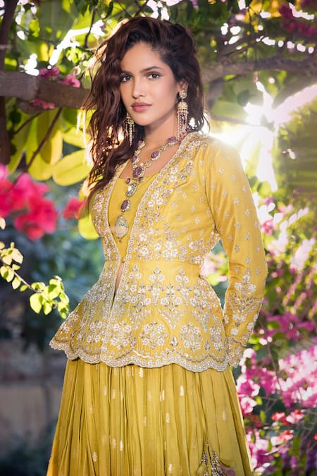 Shop Matsya Green Chanderi , Banarasi V Neck Jacket And Lehenga Set Online at Aza Fashions Shop_Matsya_Green Chanderi , Banarasi V Neck Jacket And Lehenga Set_Online_at_Aza_Fashions