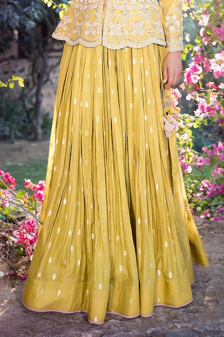 Matsya Green Chanderi , Banarasi V Neck Jacket And Lehenga Set at Aza Fashions Matsya_Green Chanderi , Banarasi V Neck Jacket And Lehenga Set_at_Aza_Fashions