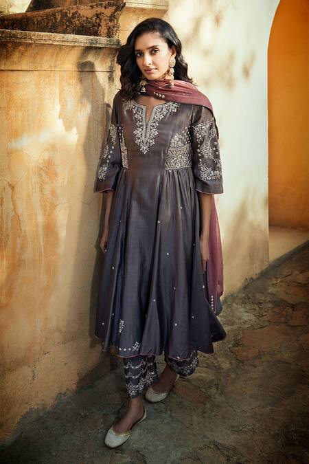 Matsya_Grey Chanderi Silk Notched Anarkali Set_Online_at_Aza_Fashions