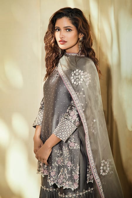 Matsya_Grey Chanderi Silk Scoop Neck Kurta Set _Online_at_Aza_Fashions