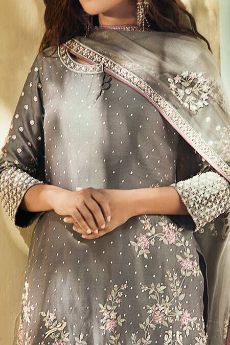 Buy_Matsya_Grey Chanderi Silk Scoop Neck Kurta Set _Online_at_Aza_Fashions