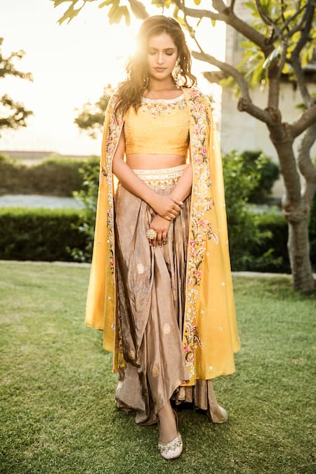 MATSYA Embroidered Cape & Draped Skirt Set 