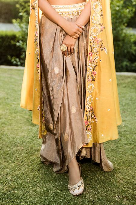 Matsya_Yellow Chanderi Silk Open Embroidered Cape And Draped Skirt Set _Online_at_Aza_Fashions