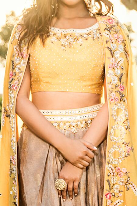 Shop_Matsya_Yellow Chanderi Silk Open Embroidered Cape And Draped Skirt Set _Online_at_Aza_Fashions