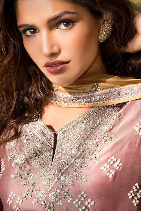 Matsya_Pink Chanderi Silk V Neck Kurta Set_Online_at_Aza_Fashions