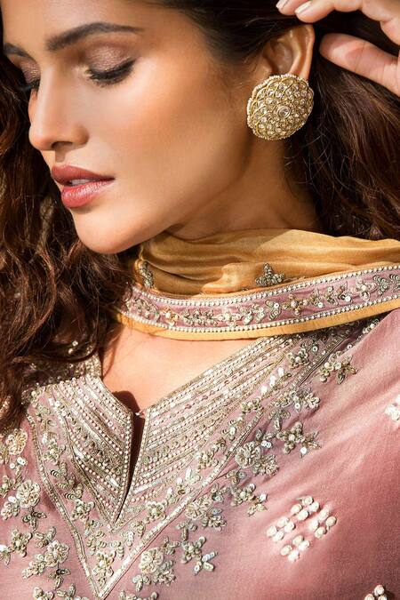 Buy_Matsya_Pink Chanderi Silk V Neck Kurta Set_Online_at_Aza_Fashions