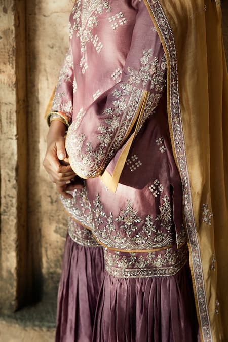 Shop_Matsya_Pink Chanderi Silk V Neck Kurta Set_Online_at_Aza_Fashions