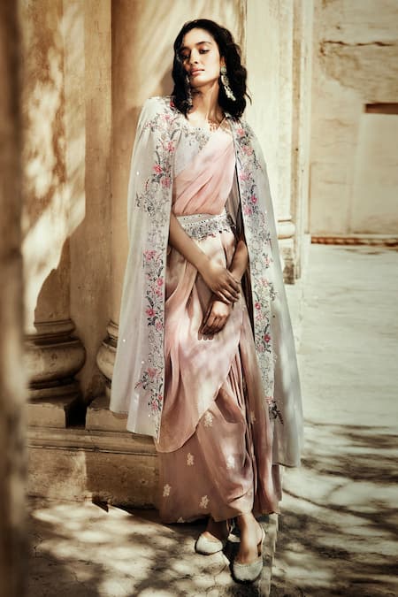 MATSYA White Chanderi Silk Embroidered Cape And Draped Skirt Set 