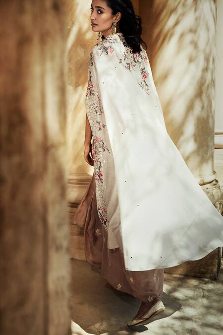 Shop_Matsya_White Chanderi Silk Embroidered Cape And Draped Skirt Set_at_Aza_Fashions