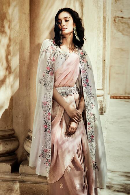 Buy_Matsya_White Chanderi Silk Embroidered Cape And Draped Skirt Set_Online_at_Aza_Fashions