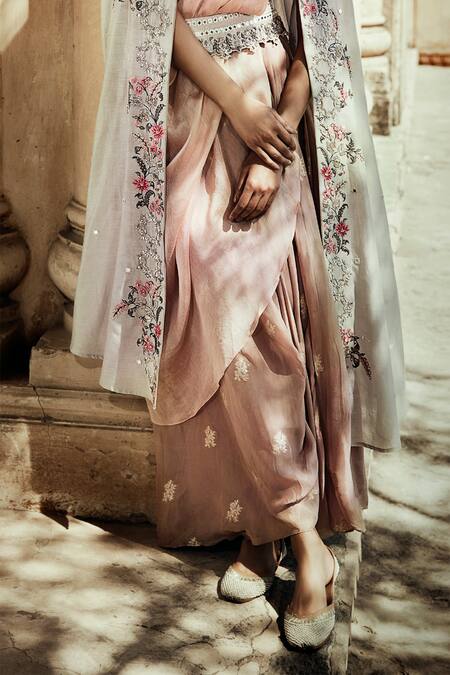 Matsya_White Chanderi Silk Embroidered Cape And Draped Skirt Set_at_Aza_Fashions