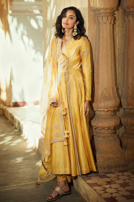 Matsya_Yellow Chanderi Silk Mandarin Collar Angrakha Set_Online_at_Aza_Fashions