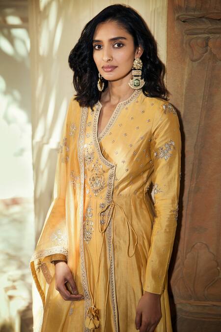 Buy_Matsya_Yellow Chanderi Silk Mandarin Collar Angrakha Set_Online_at_Aza_Fashions