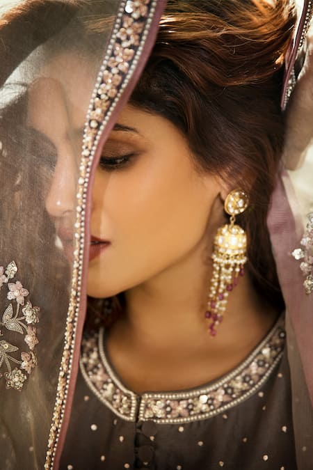 Buy_Matsya_Brown Chanderi Silk Sweetheart Neck Lehenga Set _Online_at_Aza_Fashions