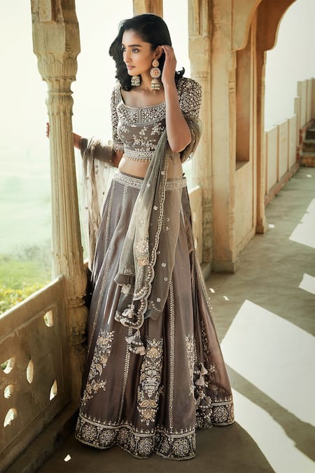 Matsya_Grey Organza, Chanderi Silk Scoop Neck Bridal Lehenga Set _Online_at_Aza_Fashions