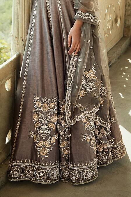 Shop_Matsya_Grey Organza, Chanderi Silk Scoop Neck Bridal Lehenga Set _Online_at_Aza_Fashions