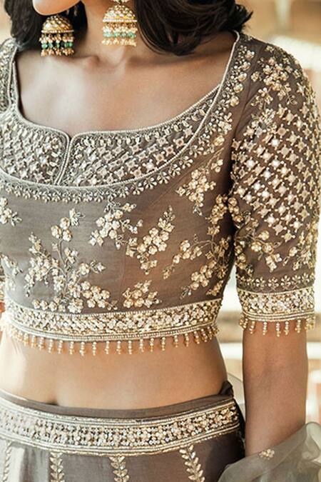 Matsya_Grey Organza, Chanderi Silk Scoop Neck Bridal Lehenga Set _at_Aza_Fashions