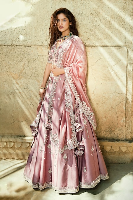 Buy Yellow Chanderi Silk Pentagon Embellished Bridal Lehenga Set For Women  by Tamanna Punjabi Kapoor Online at Aza Fashions.