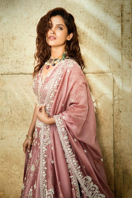 Matsya_Pink Chanderi Silk V Neck Bridal Lehenga Set _Online_at_Aza_Fashions