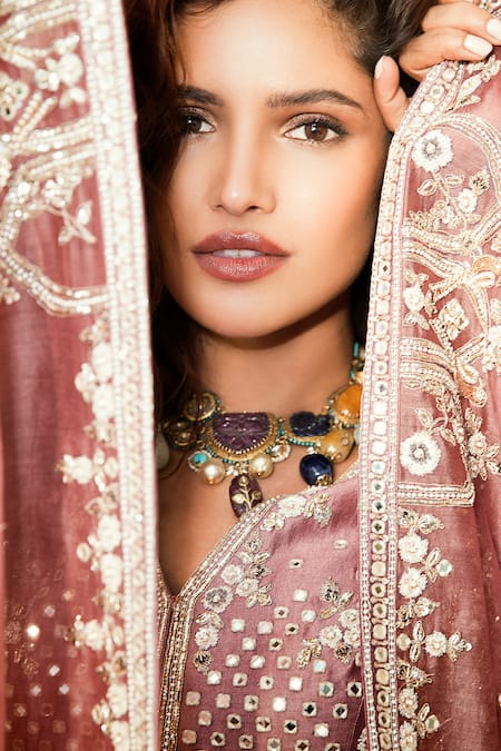 Matsya_Pink Chanderi Silk V Neck Bridal Lehenga Set _at_Aza_Fashions