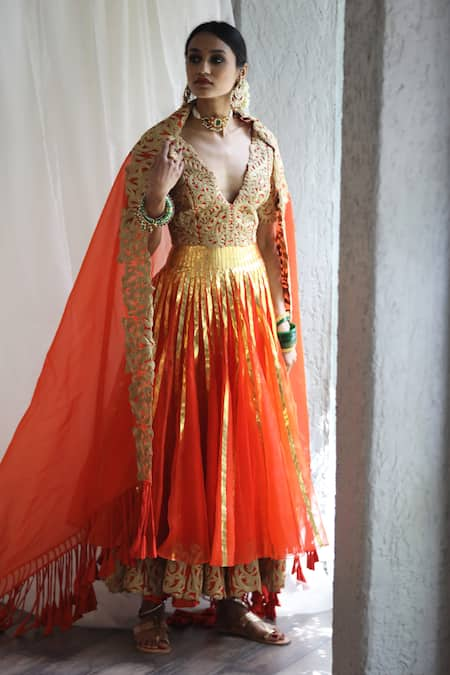 Aikeyah Orange Chanderi Embroidered Lehenga Set