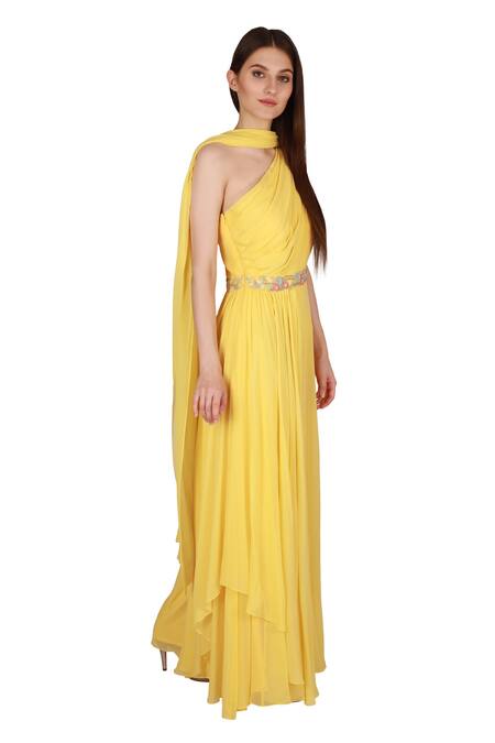 Julie By Julie Shah_Yellow Georgette Asymmetric Draped Jumpsuit _Online_at_Aza_Fashions