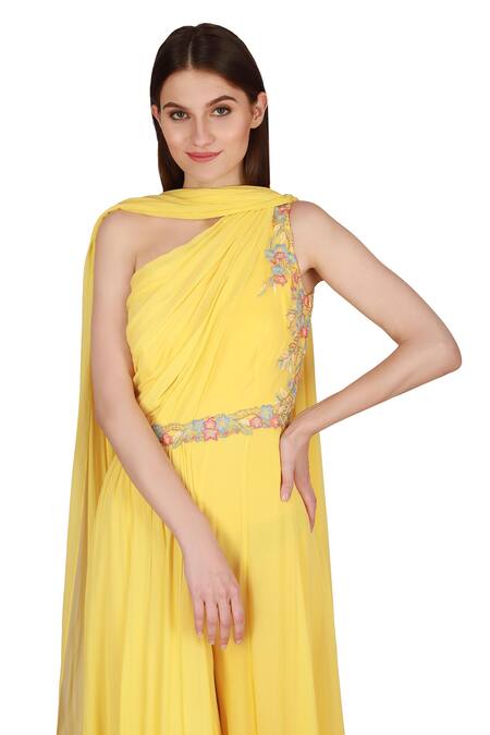Shop_Julie By Julie Shah_Yellow Georgette Asymmetric Draped Jumpsuit _Online_at_Aza_Fashions