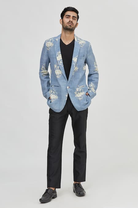 Gaurav Katta_Blue Linen Printed Blazer _Online_at_Aza_Fashions