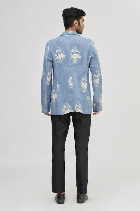 Shop_Gaurav Katta_Blue Linen Printed Blazer _at_Aza_Fashions