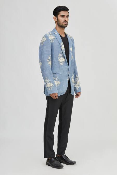 Buy_Gaurav Katta_Blue Linen Printed Blazer _Online_at_Aza_Fashions