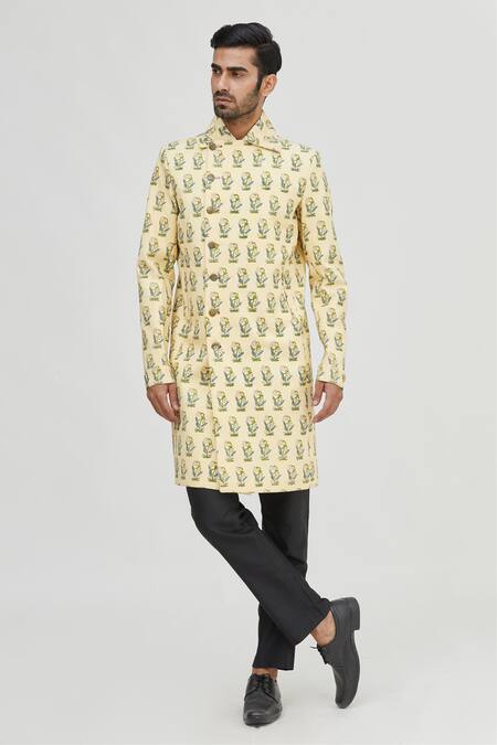 Gaurav Katta_Yellow Raw Cotton Printed Sherwani_Online_at_Aza_Fashions
