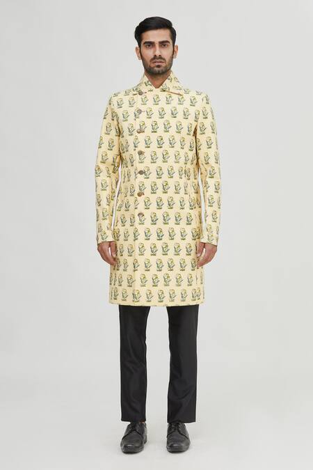 Buy_Gaurav Katta_Yellow Raw Cotton Printed Sherwani_Online_at_Aza_Fashions