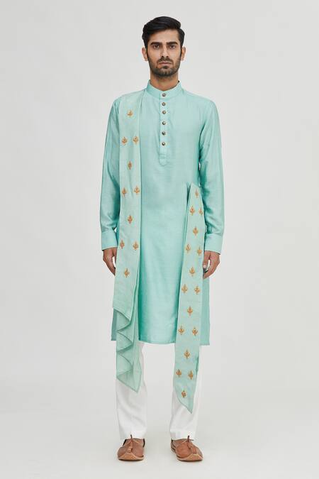 Gaurav Katta_Blue Cotton Silk Embroidered Draped Kurta _Online_at_Aza_Fashions