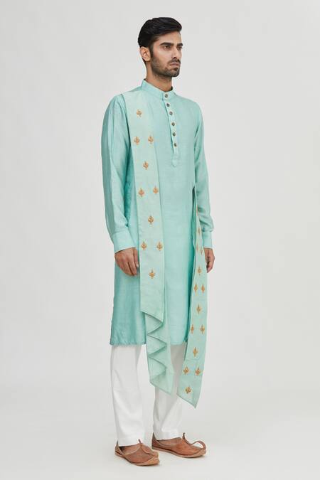 Shop_Gaurav Katta_Blue Cotton Silk Embroidered Draped Kurta _Online_at_Aza_Fashions