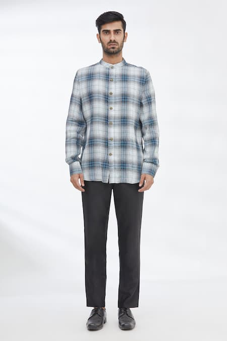 Gaurav Katta_Blue Cotton Wool Checkered Shirt _Online_at_Aza_Fashions
