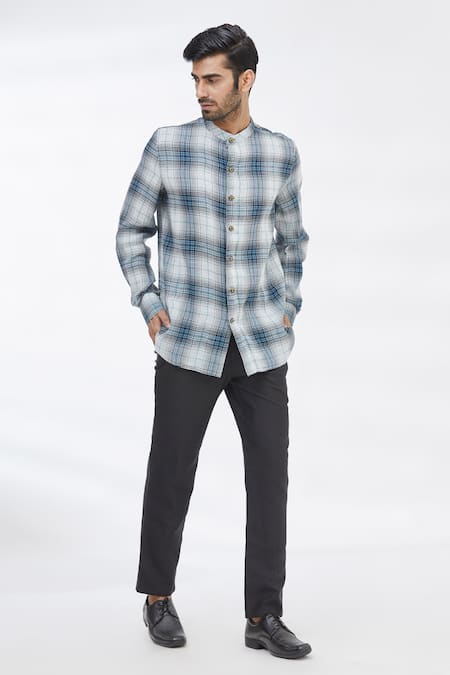 Buy_Gaurav Katta_Blue Cotton Wool Checkered Shirt _Online_at_Aza_Fashions