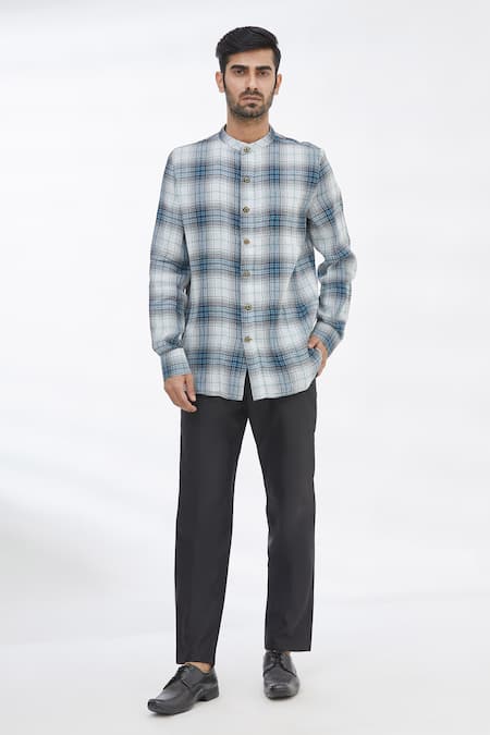 Shop_Gaurav Katta_Blue Cotton Wool Checkered Shirt _Online_at_Aza_Fashions