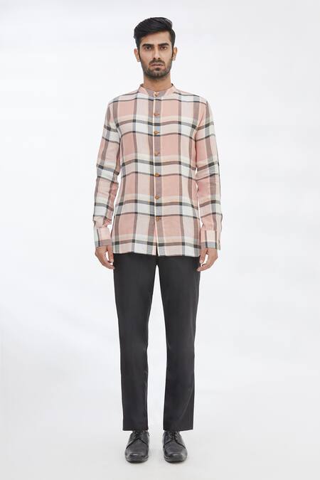 Gaurav Katta_Pink Cotton Wool Checkered Shirt _Online_at_Aza_Fashions