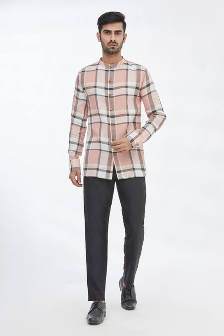 Buy_Gaurav Katta_Pink Cotton Wool Checkered Shirt _Online_at_Aza_Fashions