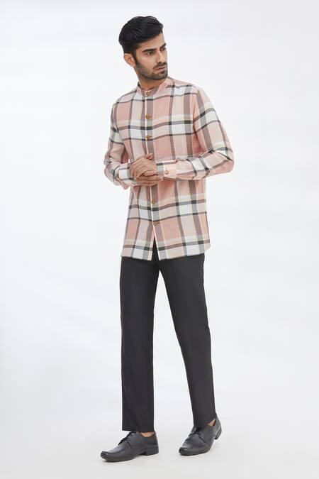 Shop_Gaurav Katta_Pink Cotton Wool Checkered Shirt _Online_at_Aza_Fashions