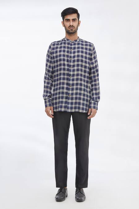 Gaurav Katta_Blue Cotton Wool Checkered Shirt _Online_at_Aza_Fashions