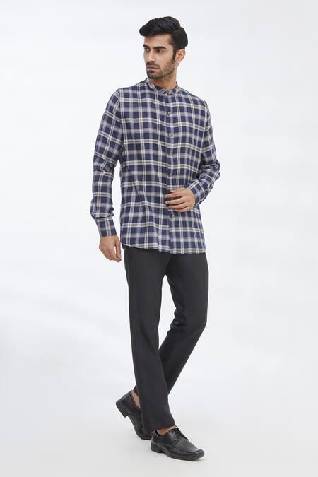 Buy_Gaurav Katta_Blue Cotton Wool Checkered Shirt _Online_at_Aza_Fashions