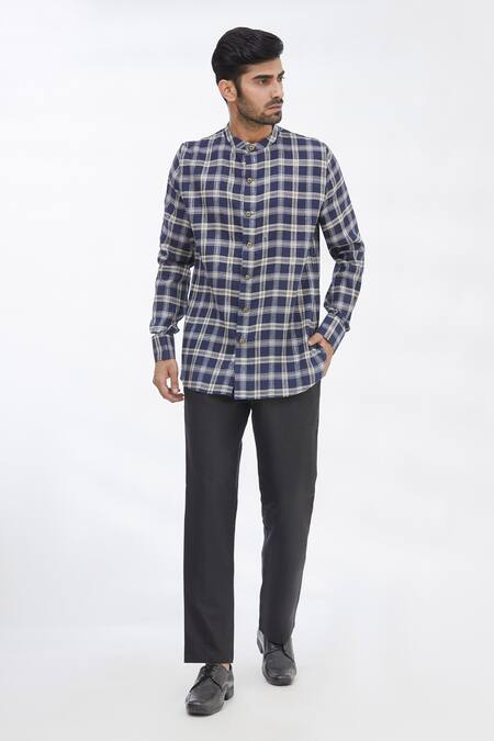 Shop_Gaurav Katta_Blue Cotton Wool Checkered Shirt _Online_at_Aza_Fashions