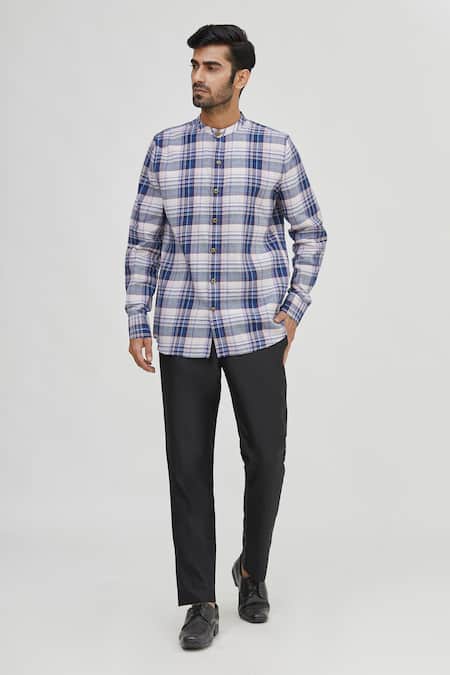 Buy_Gaurav Katta_Blue Cotton Wool Checkered Shirt _Online_at_Aza_Fashions