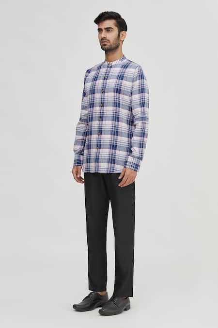 Shop_Gaurav Katta_Blue Cotton Wool Checkered Shirt _Online_at_Aza_Fashions