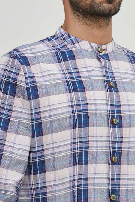 Gaurav Katta_Blue Cotton Wool Checkered Shirt _at_Aza_Fashions