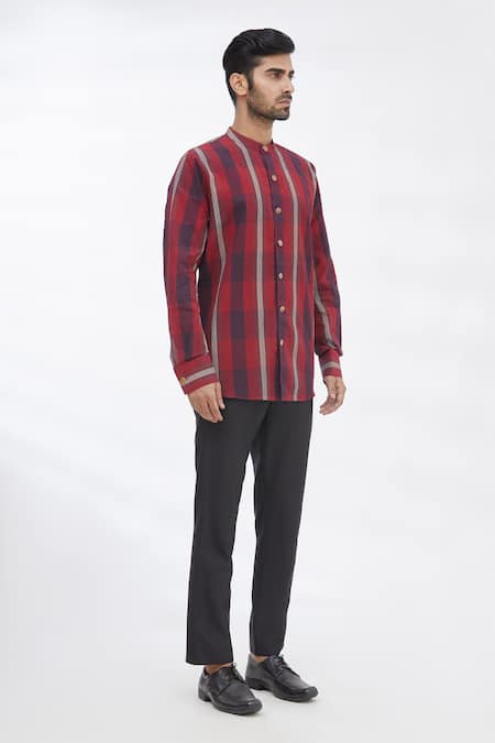 Gaurav Katta_Red Cotton Wool Checkered Shirt _Online_at_Aza_Fashions