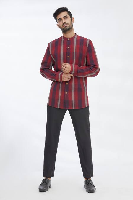 Buy_Gaurav Katta_Red Cotton Wool Checkered Shirt _Online_at_Aza_Fashions