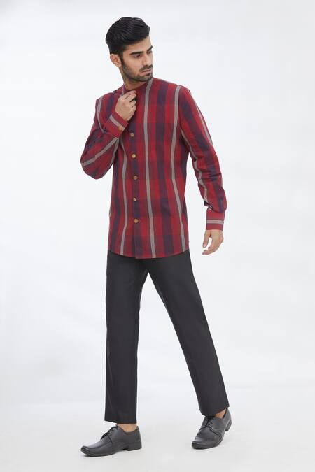 Shop_Gaurav Katta_Red Cotton Wool Checkered Shirt _Online_at_Aza_Fashions