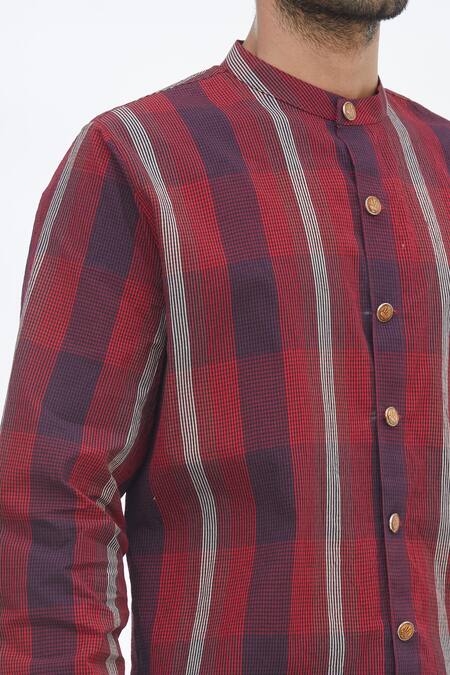 Gaurav Katta_Red Cotton Wool Checkered Shirt _at_Aza_Fashions